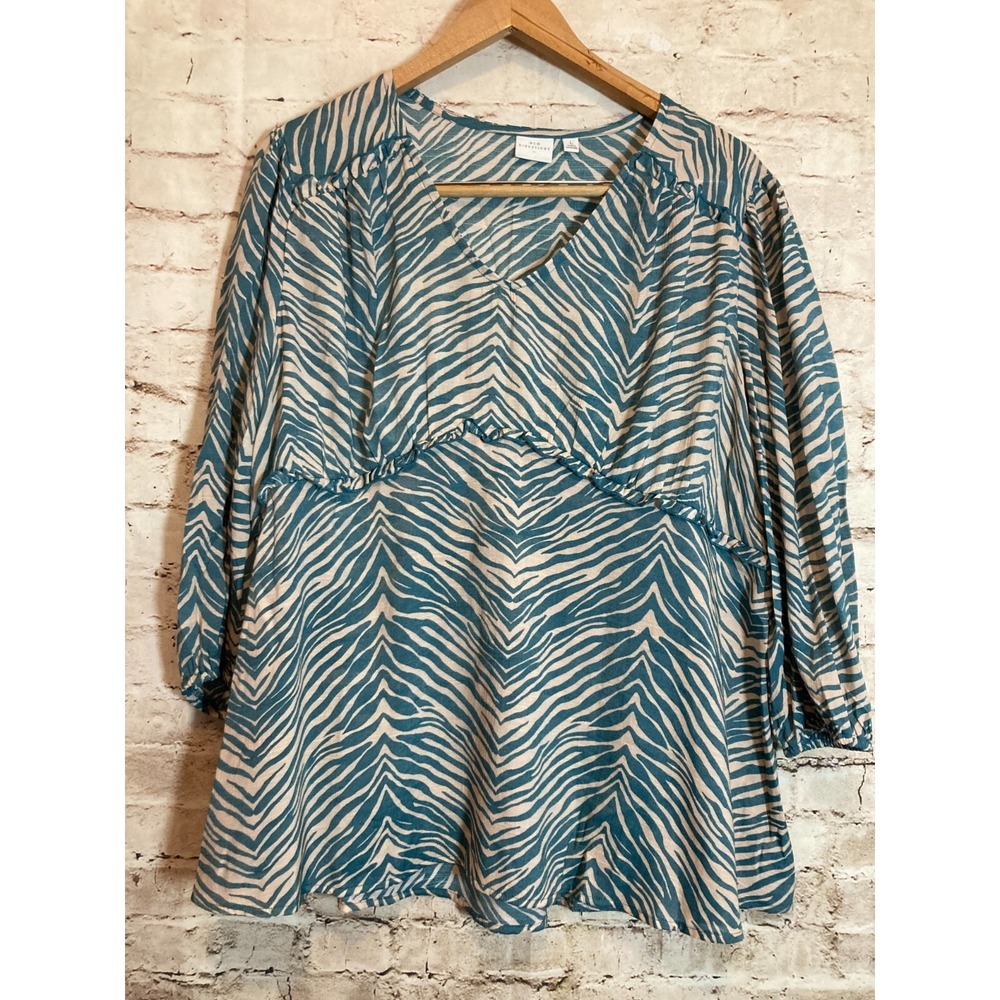 New Directions Babydoll Top Womens Large Teal & Tan Zebra Animal Print Flowy‎